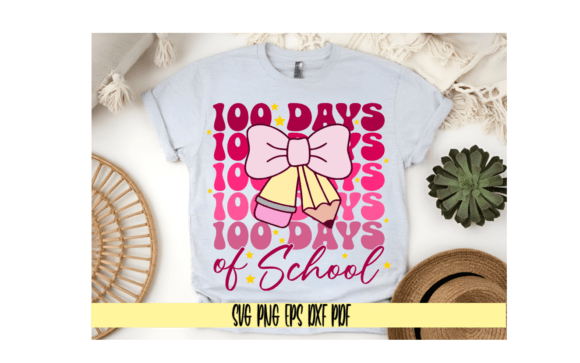 100 Days of School Girls Pink Pencil Bow Graphics & T-Shirt Designs