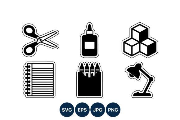 Black and White School Supply Icons: Graphics & Illustrations