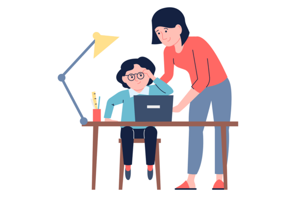 Parent Support Studying Son Graphics & Illustrations