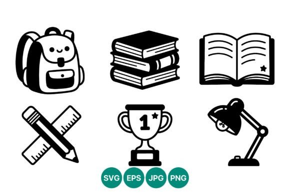 School Black and White Line Icons: Graphics & Illustrations